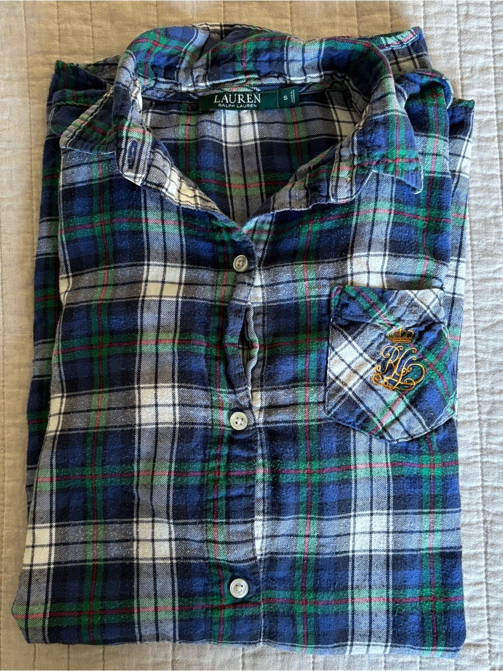 Lauren Ralph Lauren Navy, Green & White Plaid Button-Down Shirt